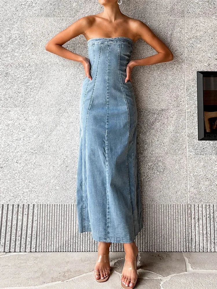 Exclusive Flash Sale Side Slit Denim Bodycon Dress Women Slim Sleeveless Maxi Dress