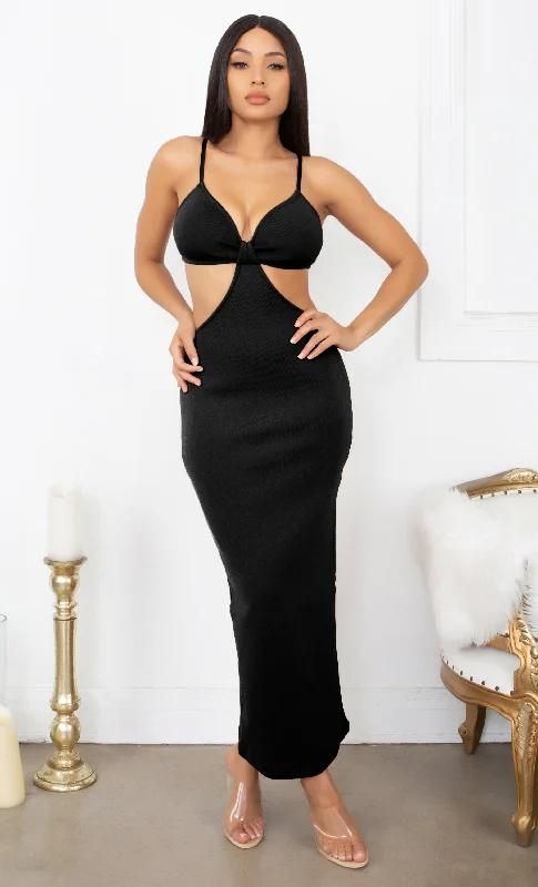 Weekend Limited-Time Offers Sultry Nights Black Cut Out Knotted Bandage Spaghetti Strap Sleeveless Maxi Bodycon Dress