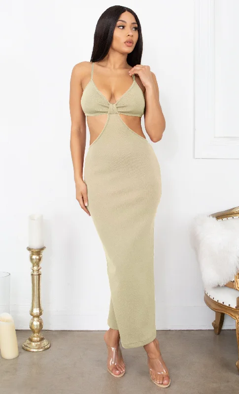 Weekend Bargain Weekends Sultry Nights Cut Out Beige Knotted Bandage Spaghetti Strap Sleeveless Maxi Bodycon Dress Weekend Bargain Weekends Sultry Nights Cut Out Beige Knotted Bandage Spaghetti Strap Sleeveless Maxi Bodycon Dress