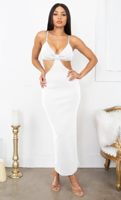 Weekend Shopping Fiesta Sultry Nights Cut Out White Knotted Bandage Spaghetti Strap Sleeveless Maxi Bodycon Dress Weekend Shopping Fiesta Sultry Nights Cut Out White Knotted Bandage Spaghetti Strap Sleeveless Maxi Bodycon Dress