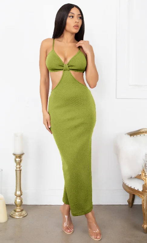 Weekend Shopping Fever Sultry Nights Green Cut Out Knotted Bandage Spaghetti Strap Sleeveless Maxi Bodycon Dress