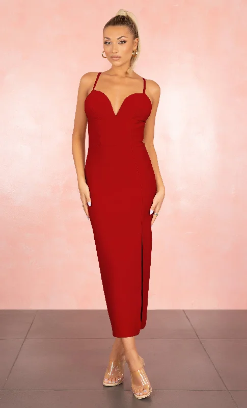 Weekend Special Offers Thinking It Over Red Sleeveless Spaghetti Strap V Neck Wide Waist High Slit Bodycon Bandage Maxi Dress