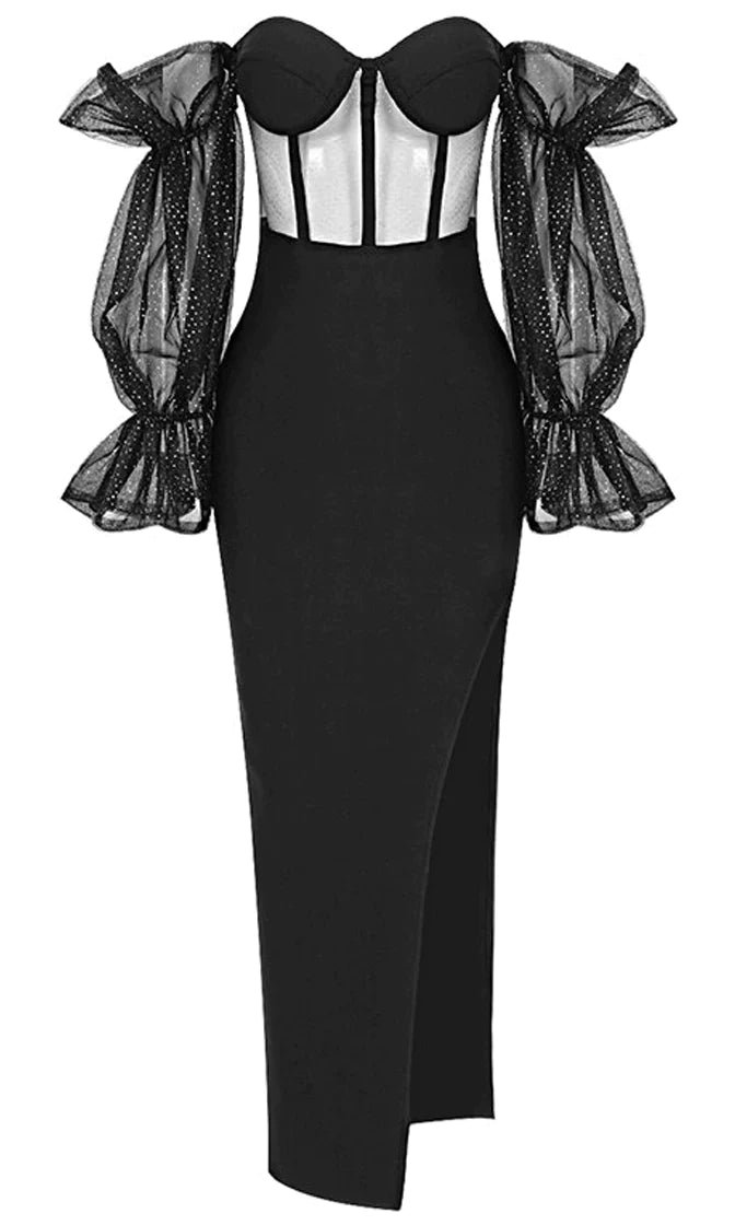 Flash Price Drops Touch Of Fantasy <br><span>Black Sheer Mesh Bandage Long Puff Sleeve Off The Shoulder Bustier Cut Out Side Slit Bodycon Maxi Dress</span>