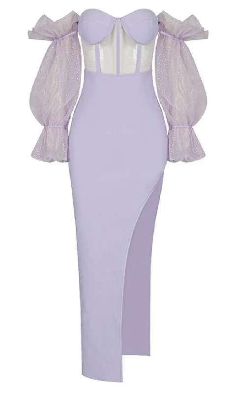 Price Slash Alert Touch Of Fantasy <br><span>Lavender Sheer Mesh Bandage Long Puff Sleeve Off The Shoulder Bustier Cut Out Side Slit Bodycon Maxi Dress</span> Price Slash Alert Touch Of Fantasy <br><span>Lavender Sheer Mesh Bandage Long Puff Sleeve Off The Shoulder Bustier Cut Out Side Slit Bodycon Maxi Dress</span>
