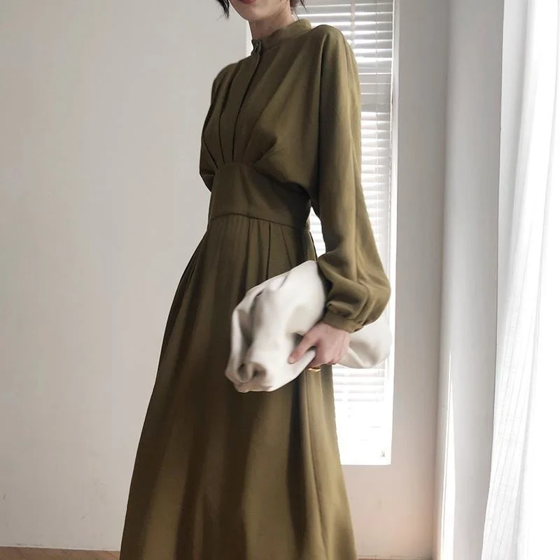 Limited Stock DressBetty - Vintage Long Sleeve Elegant Autumn Bodycon Dress Slimming Pleated Stand Collar Midi Dress Limited Stock DressBetty - Vintage Long Sleeve Elegant Autumn Bodycon Dress Slimming Pleated Stand Collar Midi Dress