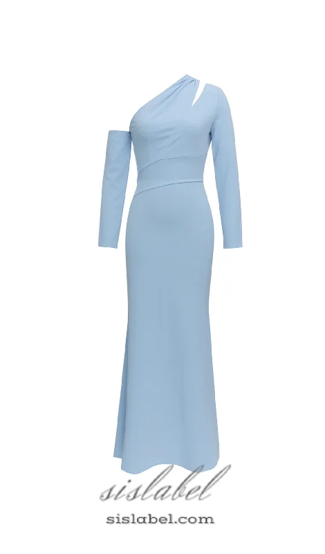 Weekend Shopping Fever XYLIA BLUE ASYMMETRICAL ONE-SHOULDER BODYCON MAXI DRESS