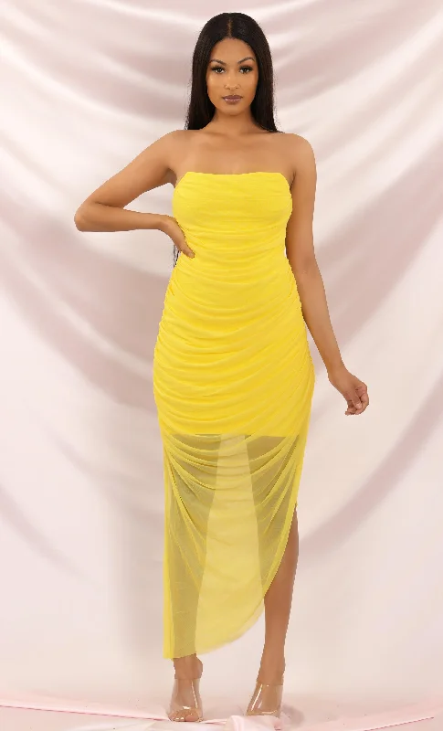 Shop & Save You're Extraordinary Mesh Bandage Draped Neck Bright Yellow Strapless Ruched Side Slit Asymmetric Bodycon Maxi Dress
