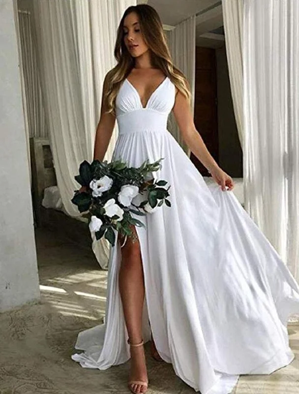 Massive Price Cuts A-Line Bridesmaid Dress Plunging Neck Sleeveless Furcal Floor Length Chiffon with Pleats / Split Front Massive Price Cuts A-Line Bridesmaid Dress Plunging Neck Sleeveless Furcal Floor Length Chiffon with Pleats / Split Front