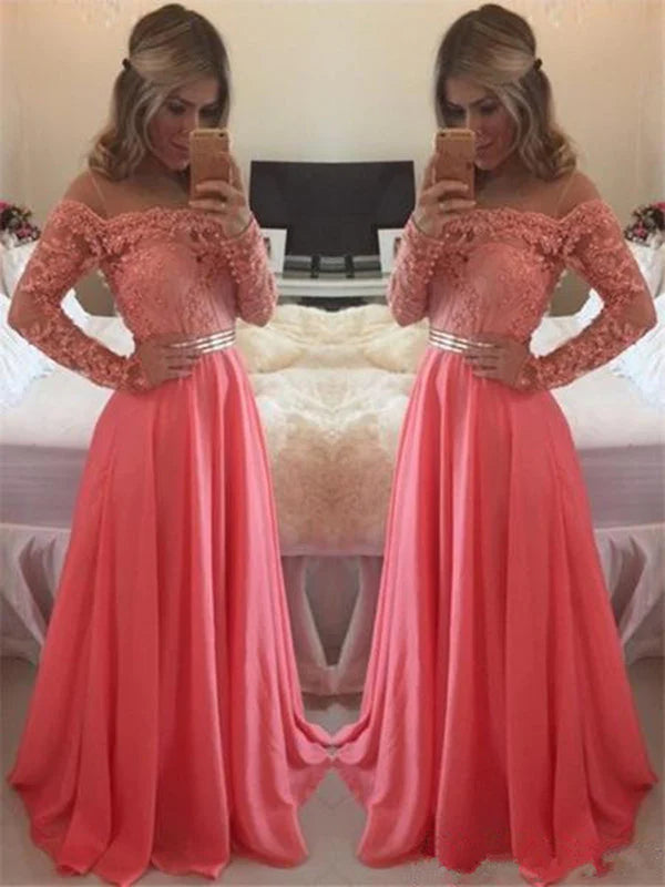 Massive Discounts A Line Floor Length Long Sleeves Coral Lace Prom Dress, Coral Lace Bridesmaid/Formal Dresses