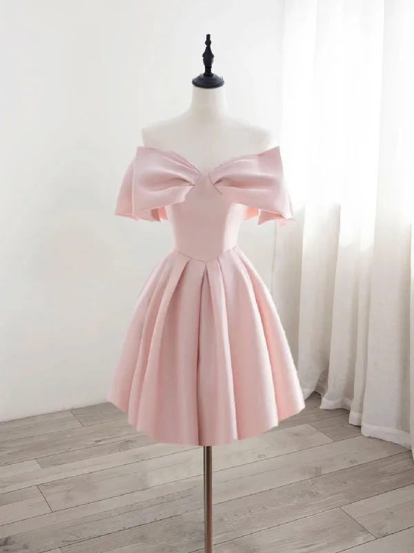 Weekend Clearance Frenzy A-Line Off Shoulder Satin Pink Short Prom Dress, Pink Homecoming Dress Weekend Clearance Frenzy A-Line Off Shoulder Satin Pink Short Prom Dress, Pink Homecoming Dress