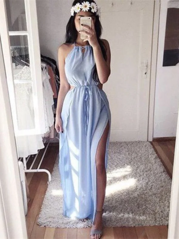 Special Price Drop A Line Round Neck Light Blue Chiffon Prom Dresses, Light Blue Formal Dresses