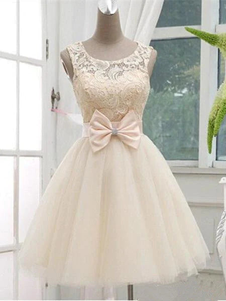 Today Only A Line Round Neck Short Lace Prom Dress, Short Lace Bridesmaid Dress, Champagne Lace Homecoming Dress, Lace Graduation Dress