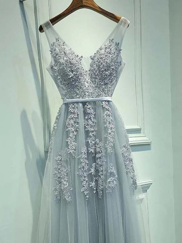 Big Sale Event A Line Round Neck Sleeveless Grey Lace Prom Dresses, Lace Bridesmaid Dresses, Formal Dresses