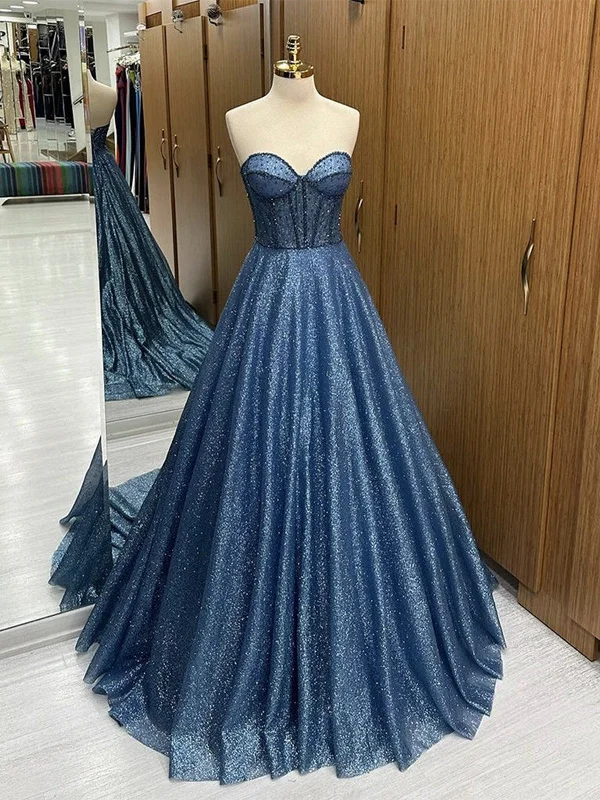 A Line Sweetheart Neck Tulle  Blue Long Prom Dresses, Blue Beads Tulle Long Formal Dresses