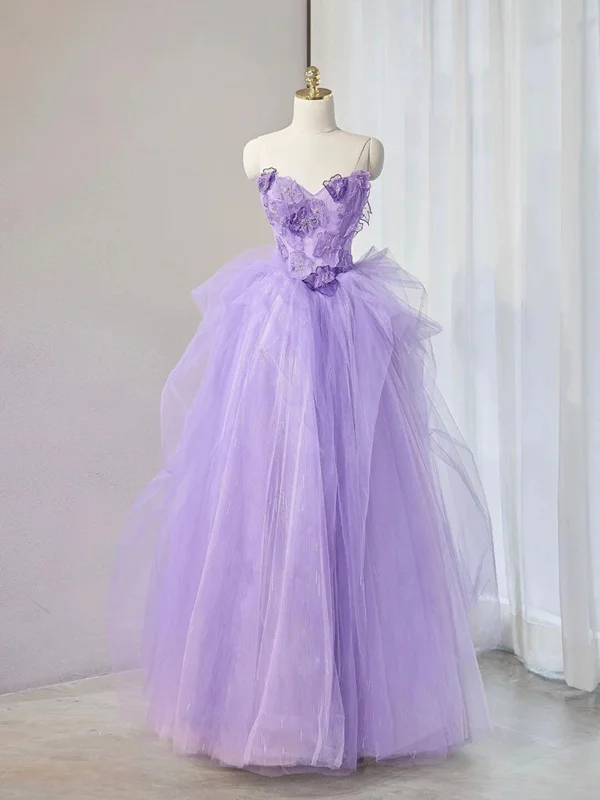 A Line Sweetheart Neck Tulle Purple Long with 3D Flowers, Purple Sweetheart Neck Tulle Lace Applique Long Formal Evening Dresses