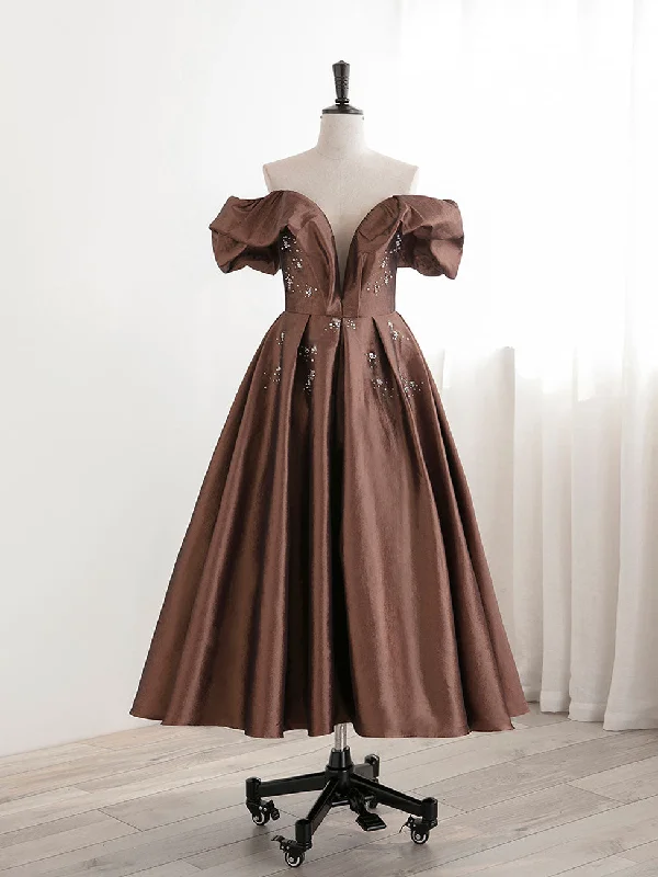 Weekend Hot Bargains A-Line Tea length Brown Prom dresses, Off Shoulder Brown Formal Dress with Beading Weekend Hot Bargains A-Line Tea length Brown Prom dresses, Off Shoulder Brown Formal Dress with Beading
