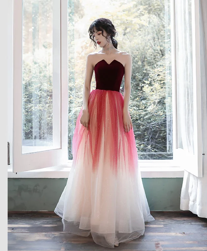 Weekend Offers Galore A-Line Tulle Burgundy Long Prom Dresses, Burgundy Formal Party Dress