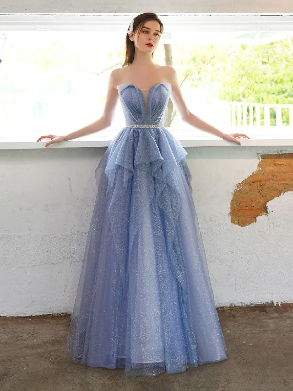 Big Savings A-line Tulle Sequin Long Prom Dress, Tulle Sequin Long Evening Dress