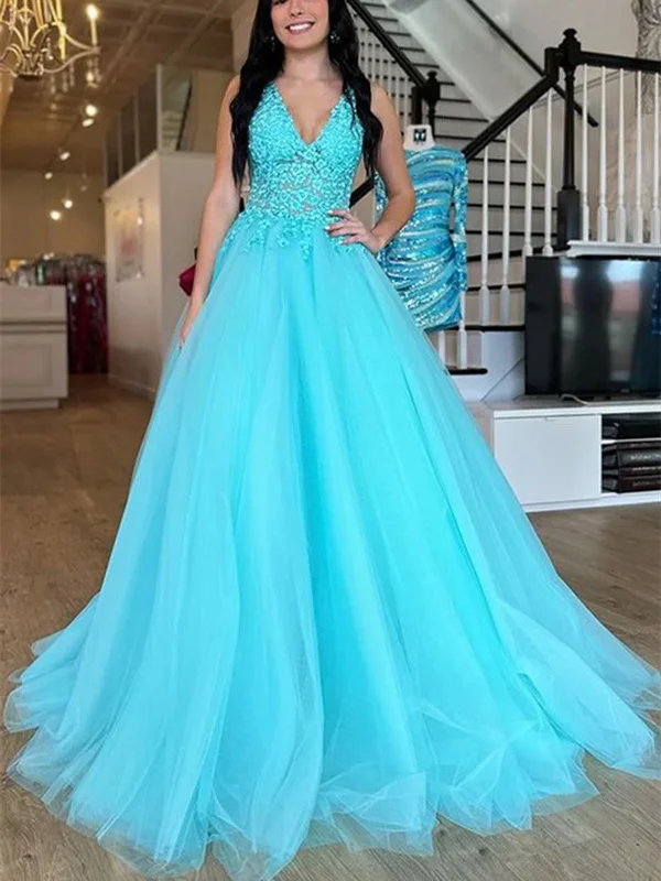 Limited Offer A Line V Neck Arctic Blue Lace Tulle Long Prom Dresses,  Blue Tulle Lace Formal Evening Dresses