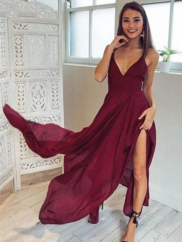 One-Stop Shop Sale A Line V Neck Backless Long Maroon/Burgundy Prom Dresses, Backless Formal Dresses, Backless Maroon/Burgundy Bridesmaid Dresses