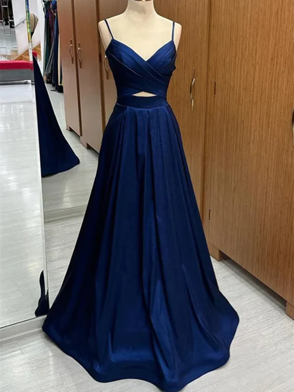 Limited-Time Flash Deal A Line V Neck Blue Satin Long Prom Dresses, V Neck Long Blue Formal Graduation Evening Dresses