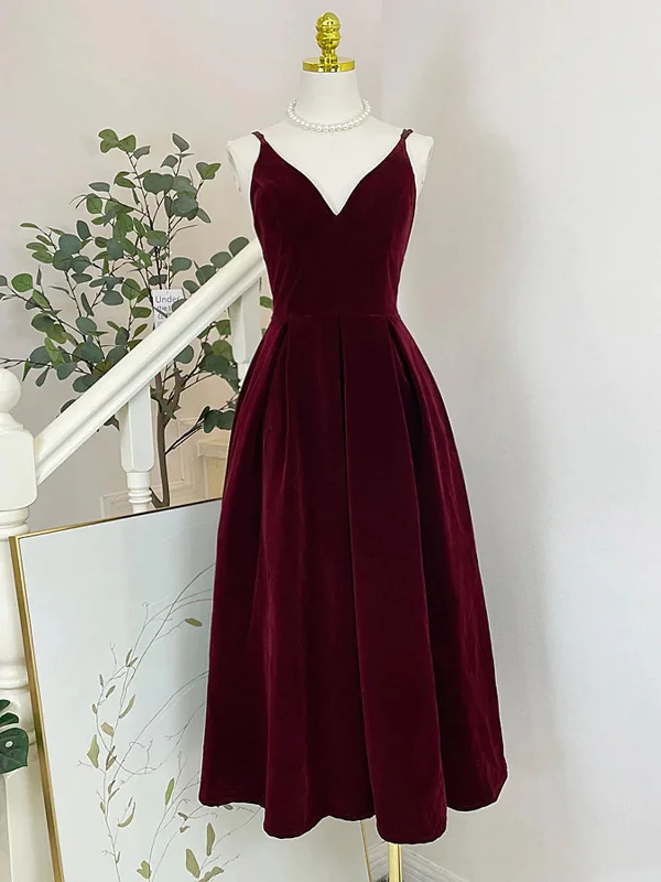 Weekend Exclusive Offers You’ll Love A Line V Neck Burgundy Velvet  Prom Dresses With Tea Length, Velvet Burgundy Open Back Formal Evening Dresses