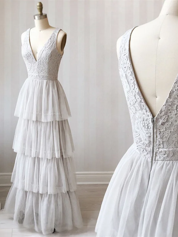 Limited Offer A Line V Neck Gray Lace Prom Dresses, V Neck Gray Lace Formal Graduation Bridesmaid Dresses
