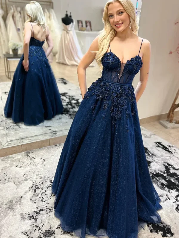 Shop & Save Now A Line V Neck Open Back Navy Blue Floral Long Prom Dresses, Navy Blue Open Back Long Formal Evening Dresses with 3D Flowers
