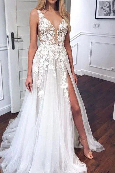 A-Line V-Neck Sleeveless Lace Appliques Sheer Wedding Dress