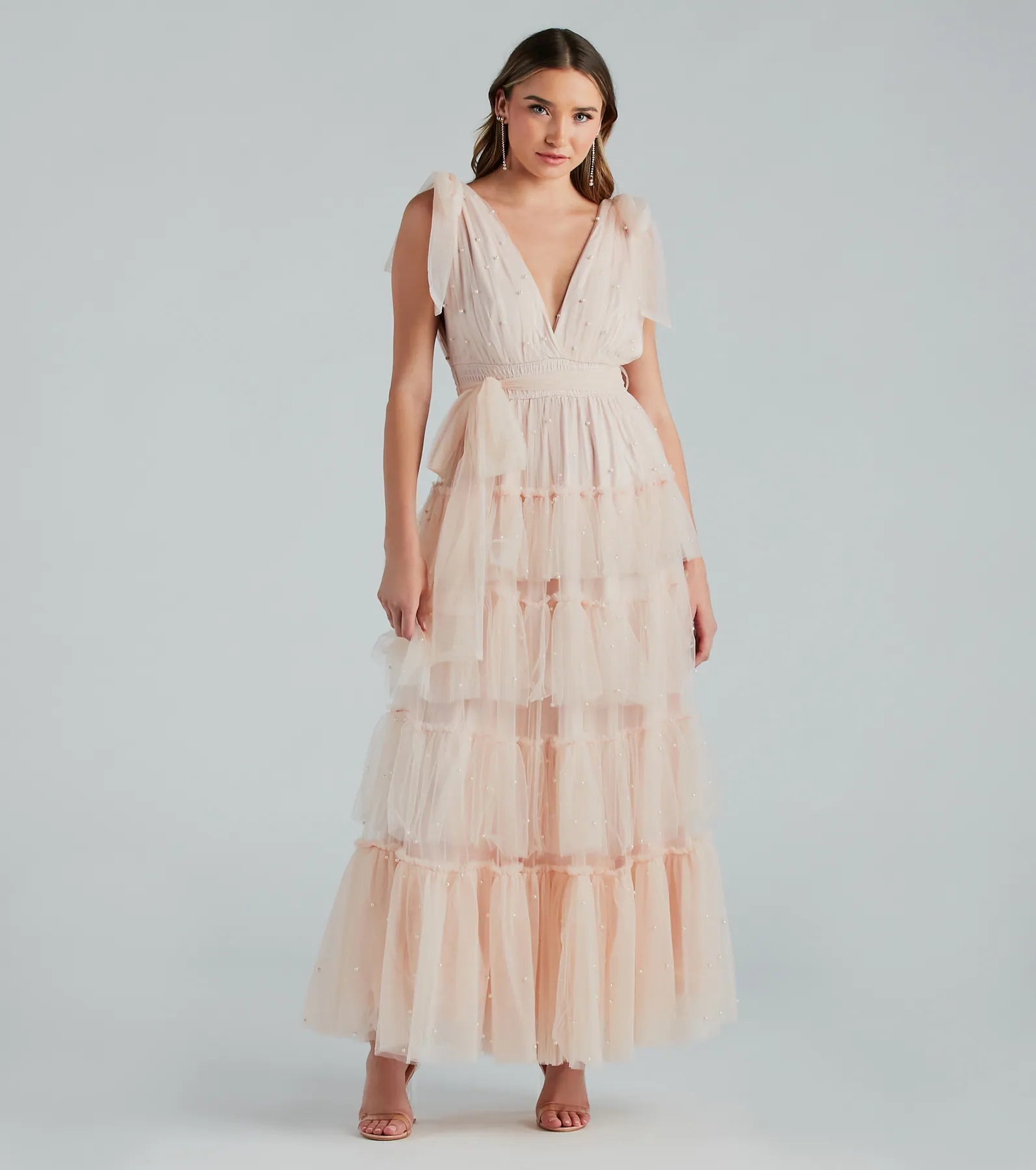 Weekend Mega Sale Event Adele Pearl Detail Ruffle Tulle Formal Dress