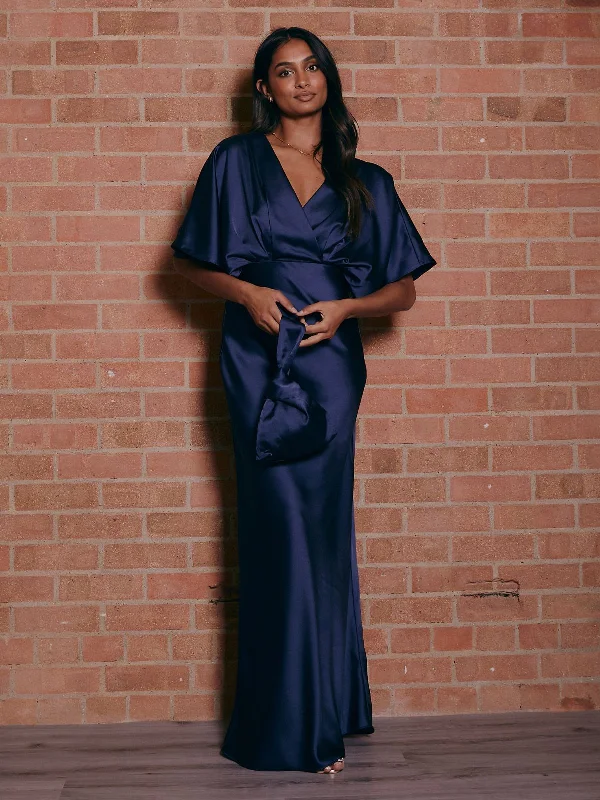 Seasonal Discounts Angel Sleeve Maxi Satin Dress / Navy
