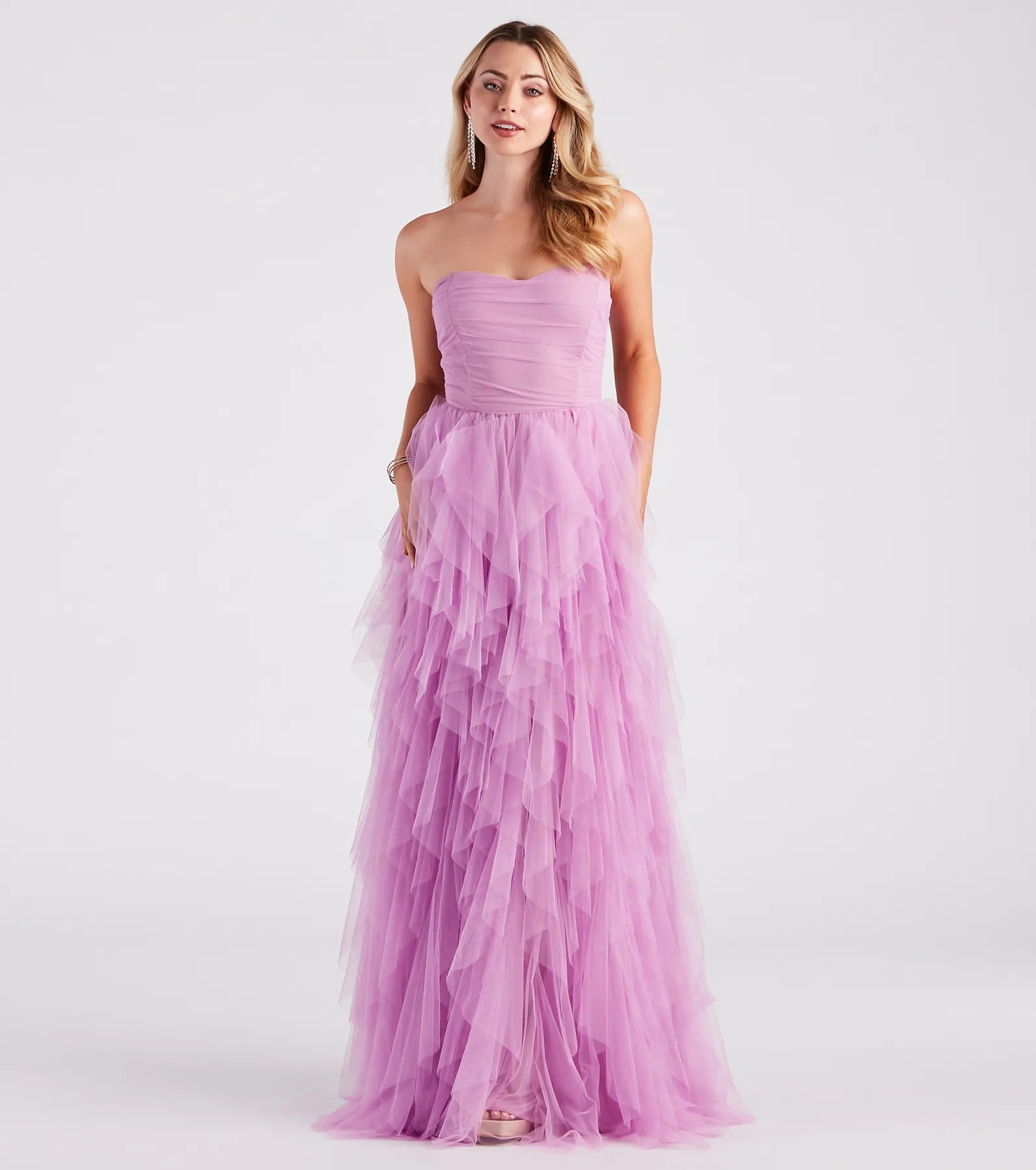Shop & Save Big Ariana Strapless Ruffled Mesh Formal Dress