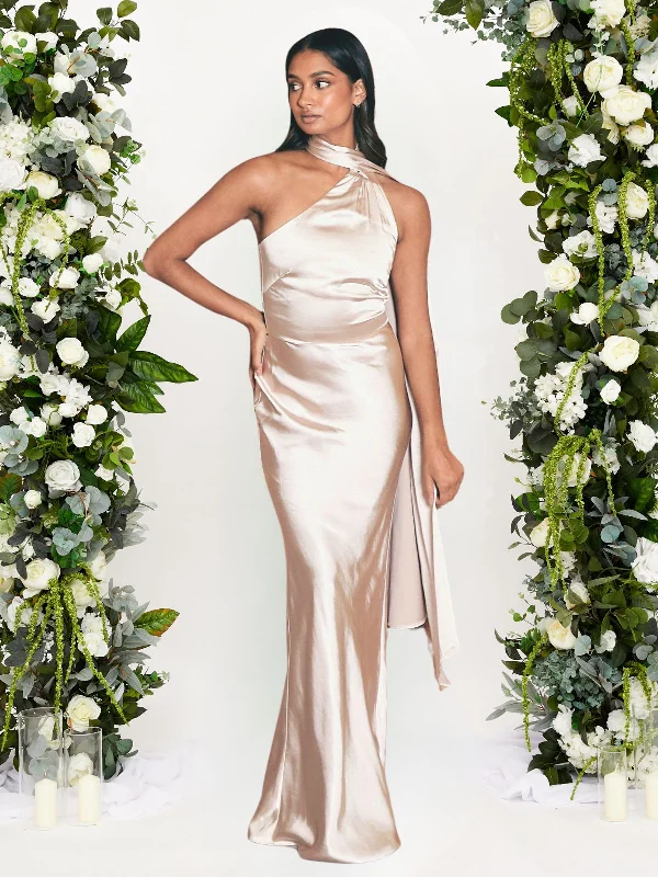 Weekend Deal Fever Asymmetric Scarf Satin Maxi Dress / Champagne