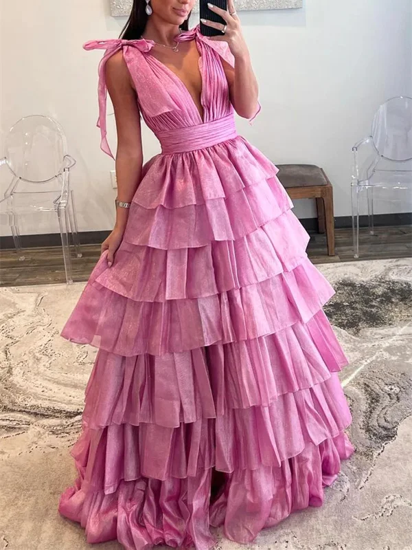 Beautiful Backless  V Neck Pink Tulle Long Prom Dresses, Pink Open Back V Neck Long Formal Evening Dresses