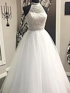 Weekend Closeout Deals Beautiful Wedding Dresses High Neck Beading Floor-length Bridal Gown JKW060