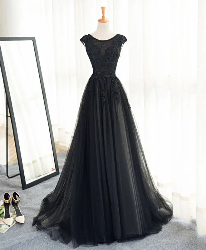 Weekend Markdowns Black A Line Tulle Lace Long Prom Dress, Evening Dress