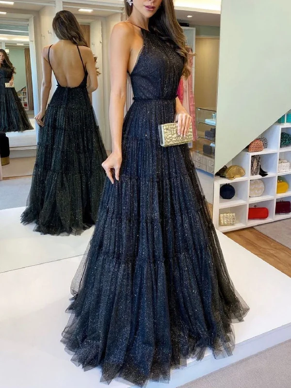 Weekend Steals and Deals Black Aline tulle long prom dress black tulle formal party dress
