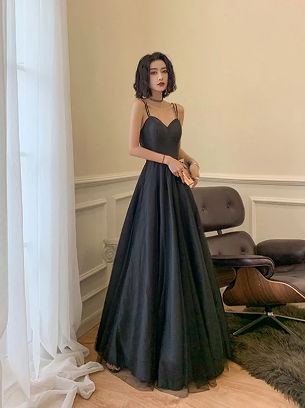Weekend Special Bargains Black sweetheart neck long prom dress, backless tulle black party dress
