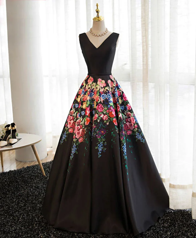 Weekend Exclusive Offers Black V Neck Floral Patterns Long Prom Dress, Black Evening Dress