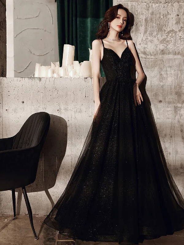 The Big Clearance Black V Neck Tulle Lace Long Prom Dress Black Evening Dress