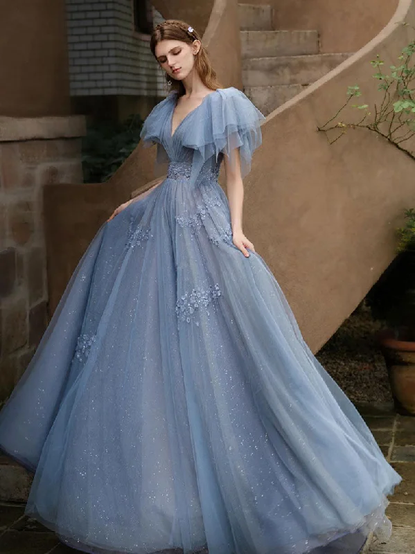 Weekend Bargain Blast Blue A line tulle long prom dress blue formal party dress