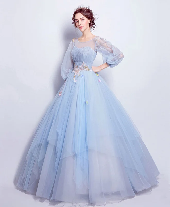 Weekend Steals Blue Round Neck Tulle Blue Long Prom Gown, Blue Evening Dress