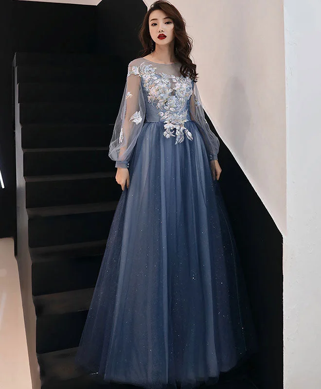 Exclusive Discounts Just for You Blue Round Neck Tulle Lace Long Prom Dress Blue Formal Dress