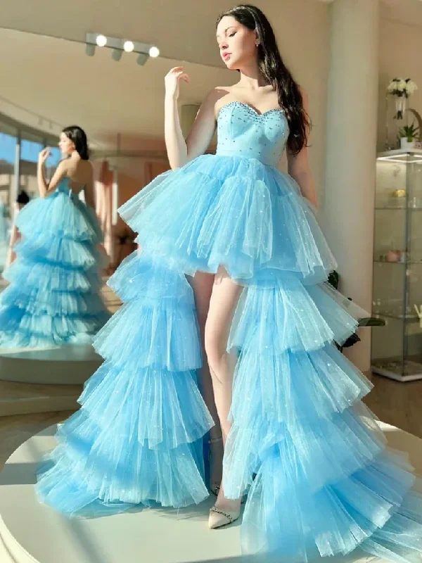 Flash Discounts Blue Sweetheart Neck Open Back Strapless Beaded High Low Tulle Long Prom Dresses, Beaded Backless Blue High Low Formal Evening Dresses