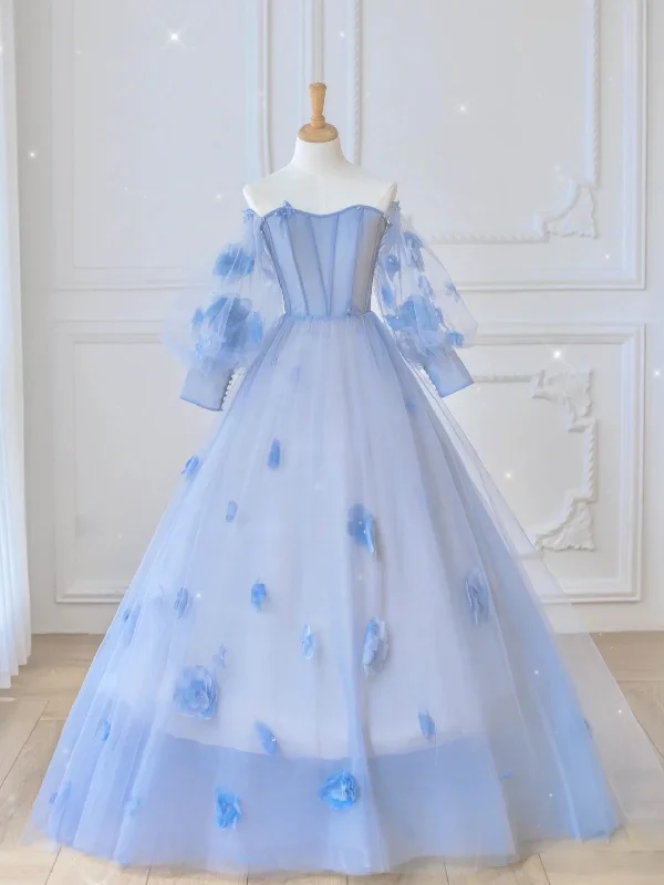Massive Price Cuts Blue Sweetheart Tulle 3D Flower Long Prom Dress, Blue Evening Dress Massive Price Cuts Blue Sweetheart Tulle 3D Flower Long Prom Dress, Blue Evening Dress