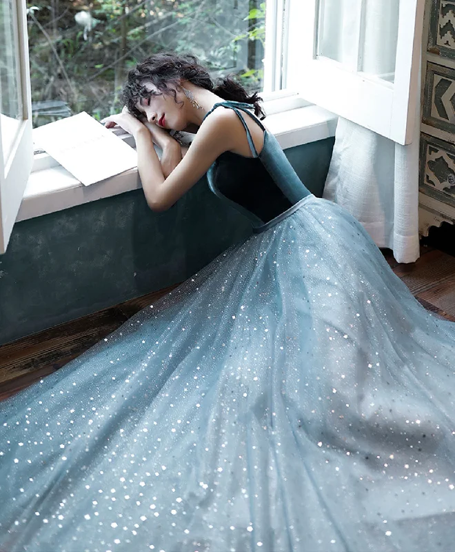 Big Offers Blue Sweetheart Tulle Lace Long Prom Dress, Blue Tulle Formal Dress with Velvet