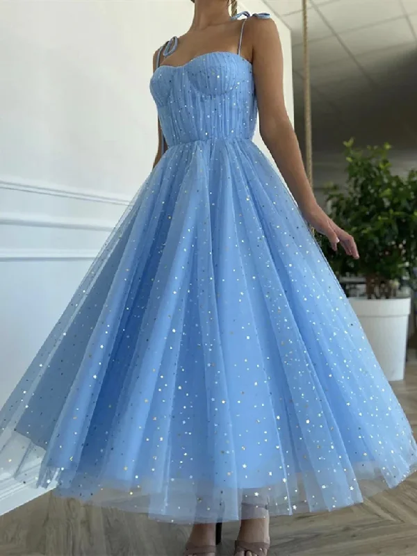 Shop Now, Save More Blue Tea length Tulle Prom Dresses, Spaghetti Straps Blue Tea Length Formal Homecoming Dresses Shop Now, Save More Blue Tea length Tulle Prom Dresses, Spaghetti Straps Blue Tea Length Formal Homecoming Dresses