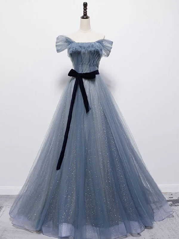 Exclusive Offer Blue Tulle Off Shoulder Sequin Long Prom Dress Blue Evening Dress