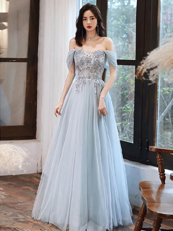 Massive Savings Event Blue Tulle Off Shoulder Tulle Lace Long Prom Dress, Blue Formal Dress Massive Savings Event Blue Tulle Off Shoulder Tulle Lace Long Prom Dress, Blue Formal Dress