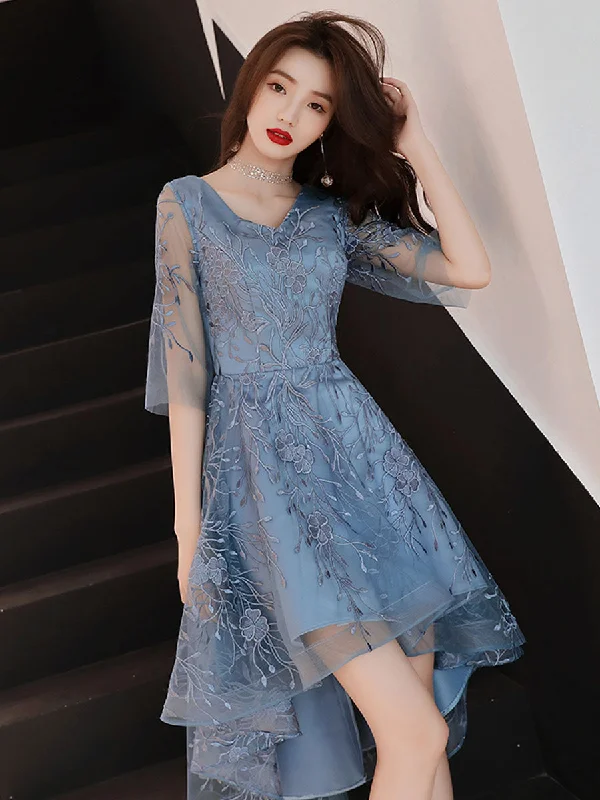 Exclusive Savings Event Blue V Neck Tulle Lace High Neck Prom Dress, Blue Lace Homecoming Dress Exclusive Savings Event Blue V Neck Tulle Lace High Neck Prom Dress, Blue Lace Homecoming Dress
